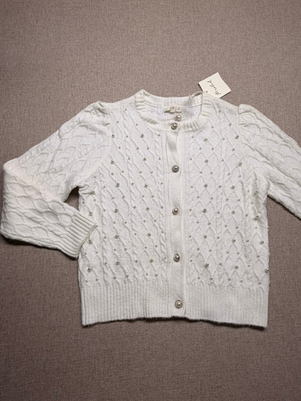 NWT Marled Cream Pearl Faux Pearl Beaded Cable Knit Cardigan Sweater Egret M